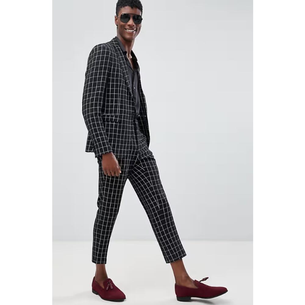 ASOS Black and white checkered slim-fit Blazer Suit with Embroidery Sz 38" R